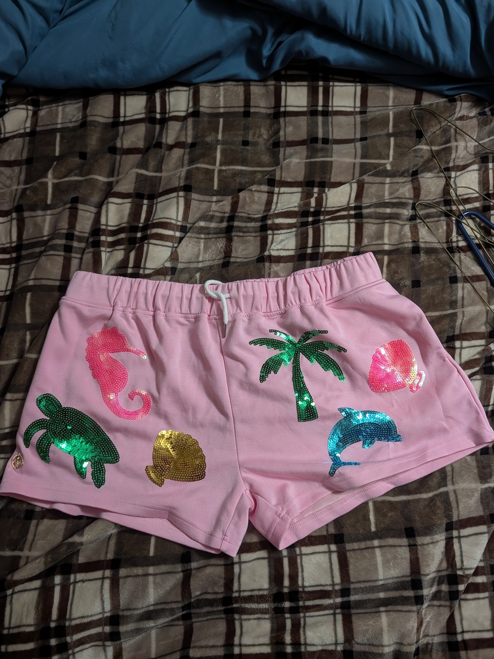 Simply Southern Pink Sequin Tropical Motif Athletic Shorts